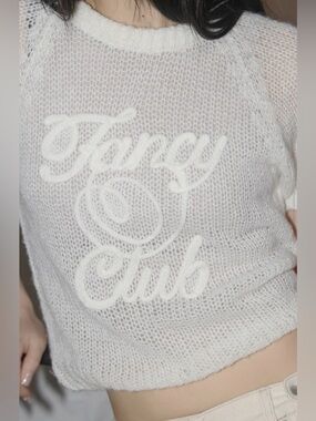 Fancy Club Embroidered Net Knit Top Ivory One Size Raglan Sheer Logo Trendy